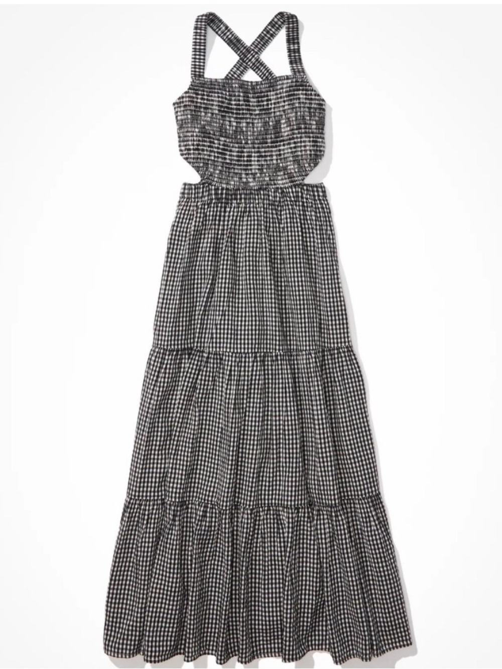 American Eagle Smocked Cut-Out Midi Dress M Gingham Black Boho Cottage